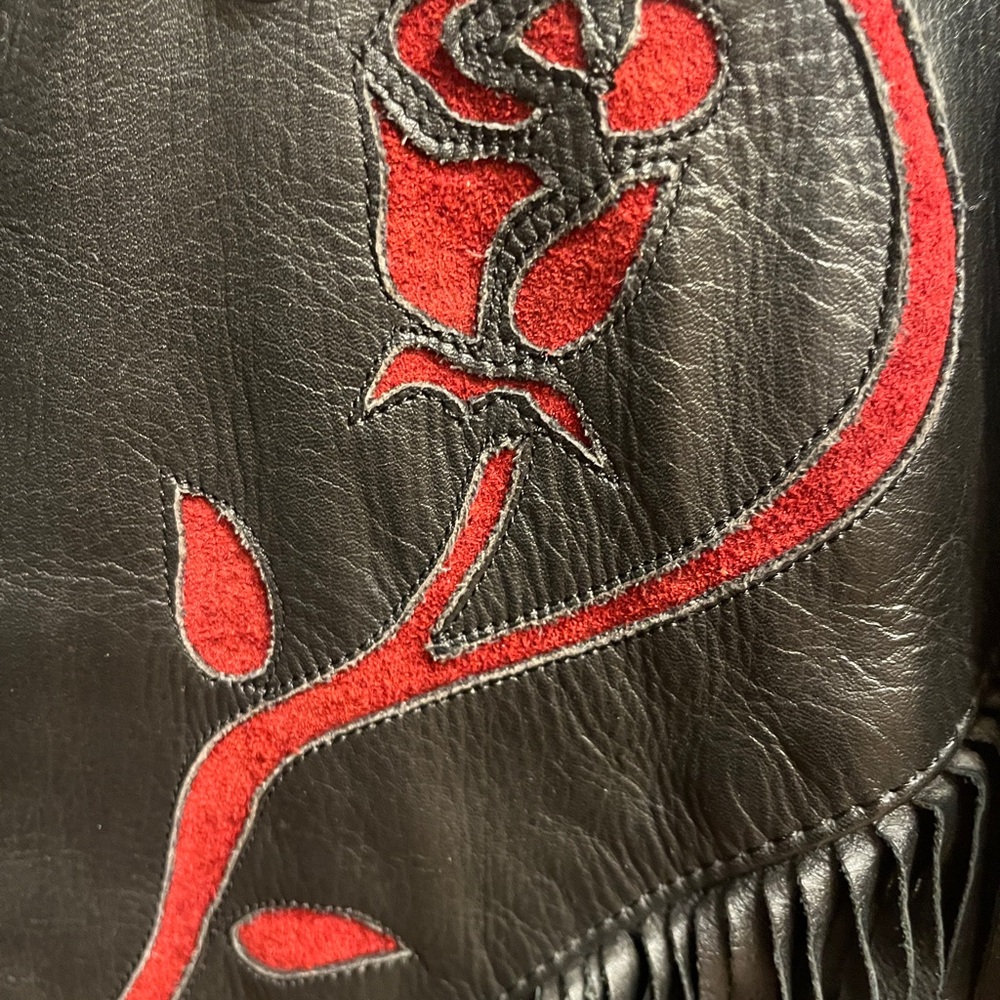 3M Thinsulate Black Leather Jacket with Red Floral Embroidery - Picture 3 of 11